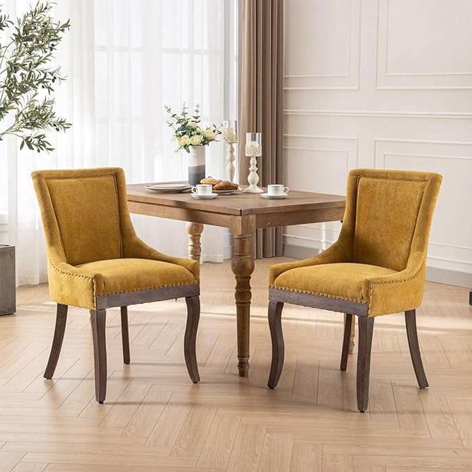 Modern Dining Chairs Set of 2, High Back Dining Chairs Side Chairs with Solid Wood Legs, Upholstered Fabric Dining Room Chairs for Dining Room Kitchen, Yellow