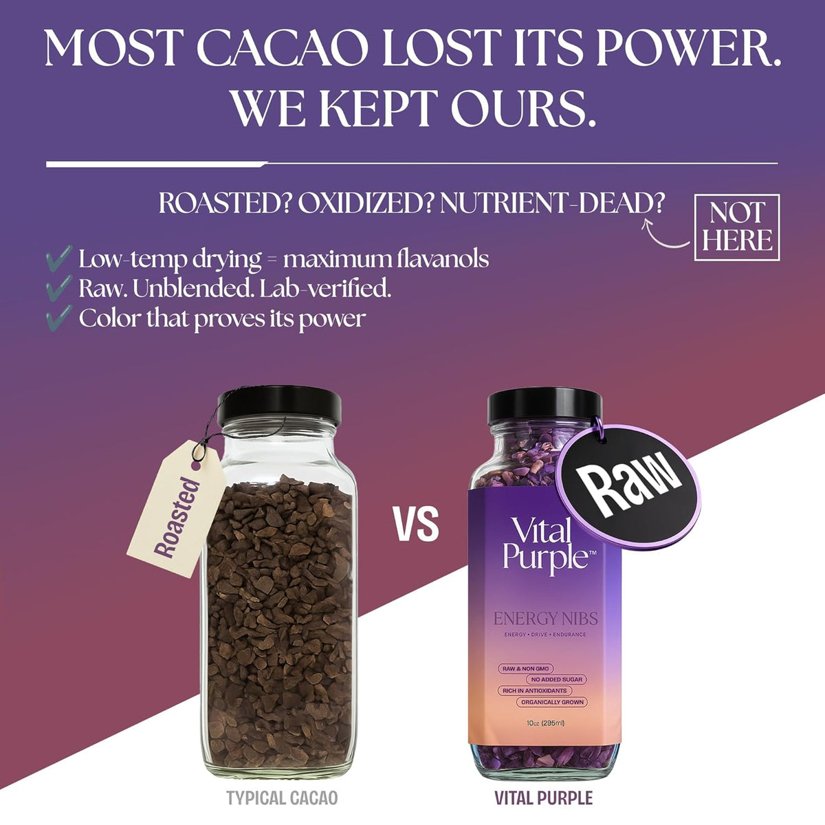 Vital Purple High Flavonal 100% Raw Cocoa Energy Nibs – 900mg Flavanols, Purple Cacao, Unroasted & Unfermented - Clean Fuel for Performance & Recovery (10 oz)