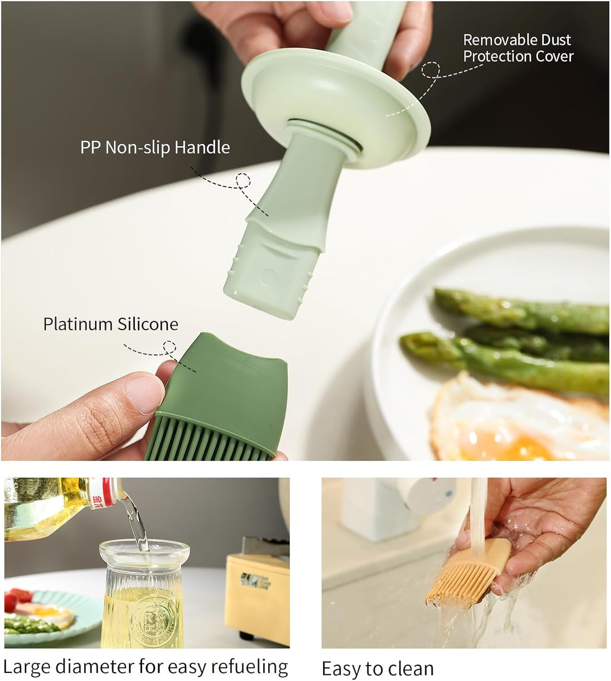 Oil Dispenser with Brush - Glass Olive Oil Dispenser for Kitchen, 3 IN 1 Oil Dispenser Bottle with Silicone Basting Brush for Cooking Vinegar Sauce BBQ Grill Frying (Brown/White)