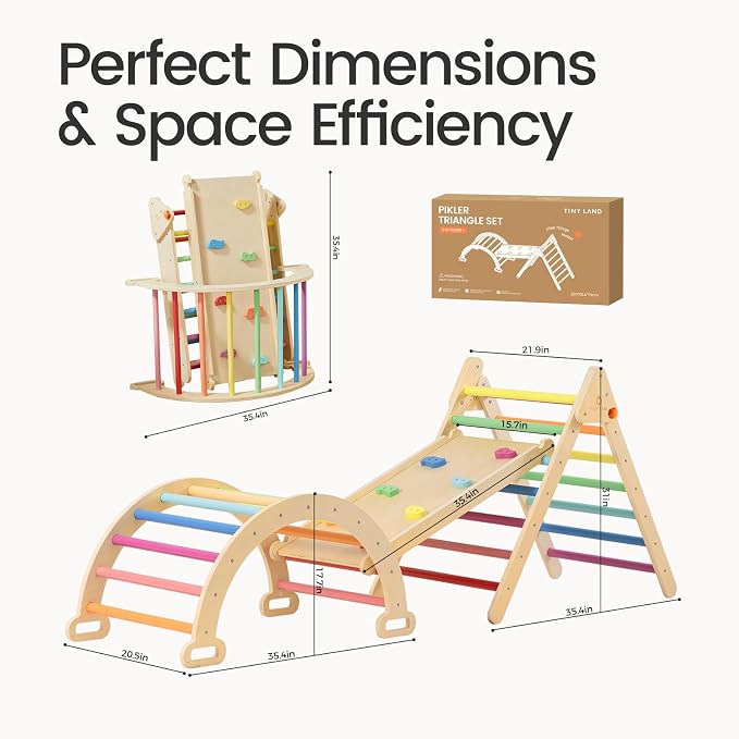 Tiny Land Pikler Triangle Set, 7-in-1 Foldable Pikler Triangle Climbing Toys Set for Kids,Baby Indoor Playground Jungle Gym, Wooden Montessori Climbing Set for Toddler (Rainbow)