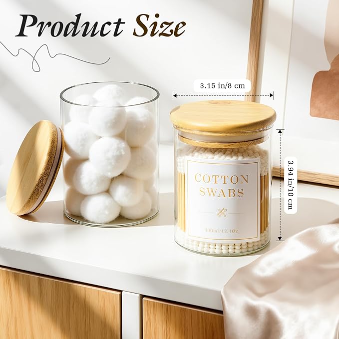 Luxspire 2 Pack Glass Qtip Holder Dispenser, 13.4 oz Cotton Swab Holder with Bamboo Lids, Glass Apothecary Jars Bathroom Accessories Canisters for Cotton Swabs, Balls, Pads, Floss Picks