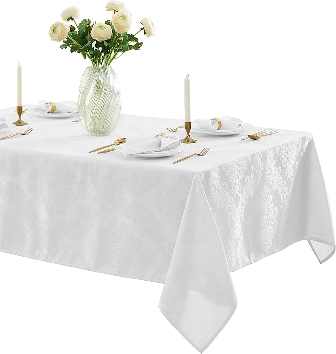 Newbridge Barcelona Luxury Damask Fabric Tablecloth, 52” Wide x 52” Square, White, 100% Polyester, No Iron, Soil Resistant Dining Room, Party and Banquet Table Cover