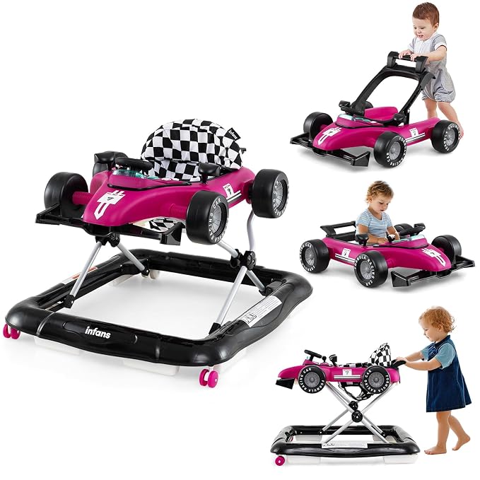INFANS 4 in 1 Baby Walker, Foldable Toddler Activity Center with Adjustable Height, Padded Seat, Music, Light, Removable Tray, Push Walker for Girls Boys Aged 6-18 Months (Violet)