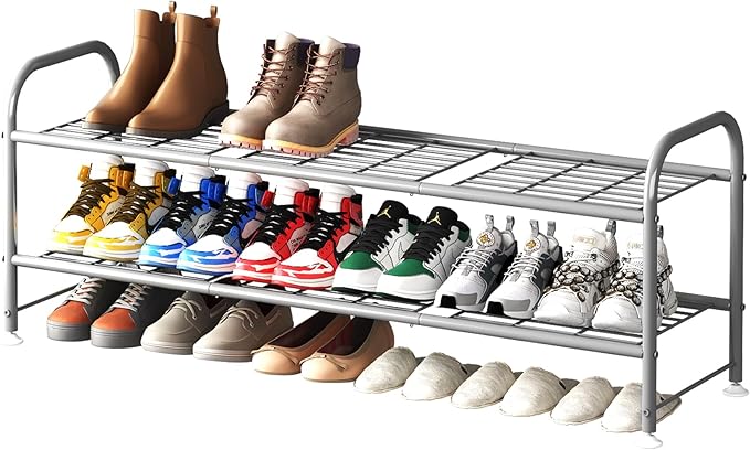 LINZINAR Shoe Rack 2 Tier Storage Organizer for Closet Entryway Metal Grey