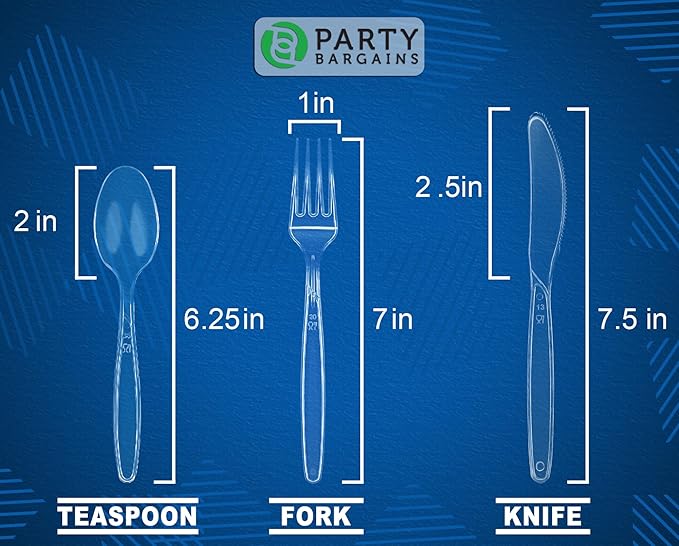 Party Bargains Disposable Cutlery Set Color: Clear Sapphire 300 Pcs: 100 Spoons, 100 Knives, 100 Forks. Heavy Duty & Solid Disposable Silverware Utensils Set for Weddings, Buffets, Luncheons