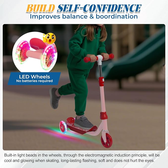 Kids Scooter Ages 3-7, 3 Wheel Scooter with LED Light Up Wheels, Safer Steering & Adjustable Handlebar, Wide Anti-Slip Deck, Heavy Duty Metal Kick Scooter for Boys Girls Toy Gift, Up to 110 lbs