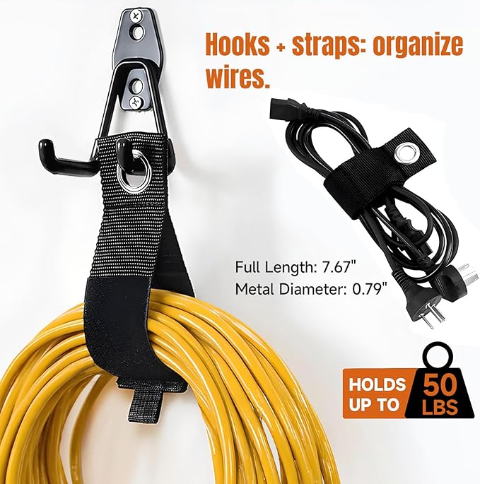 17 Pack Garage Hooks & Extension Cord Storage Straps, Steel Wall Mount Storage Hangers with Anti-Slip Coating for Bike, Ladder, Garden Tools Organization