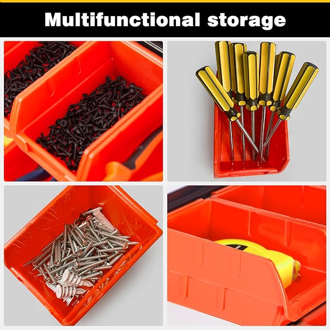 Ultrawall Wall Mounted Storage Bins, Plastic Hanging Storage Organizer Bins, Garage Tool Storage System for Screws, Nuts, Bolts, Nails, and Small Hardware Parts, 12x bins & 3 x rails, Orange