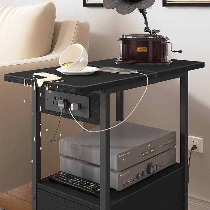 LIDYUK End Table with Charging Station, Narrow Side Table with Drawer and USB Ports & Power Outlets, Nightstand Bedside Tables for Small Spaces, Bedroom, Living Room, Black