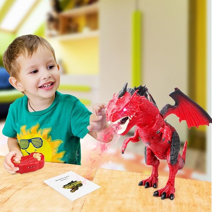 Betheaces Remote Control Dinosaur,Dragon Toy for Kids Boys Girls Red Dragon Figures Learning Realistic Looking Large Size with Roaring Spraying Light Up Eyes for Birthday Xmas Gifts (Style-1)