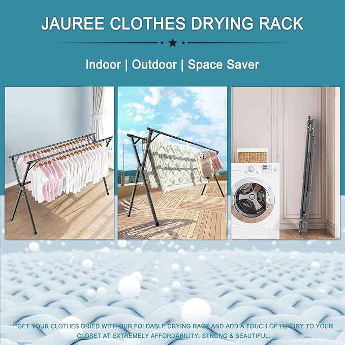 JAUREE 95 Inches Clothes Drying Rack, Drying Rack Clothing Folding Indoor Outdoor, Heavy Duty Stainless Steel Laundry Drying Rack, Foldable Portable Clothes Rack Garment Rack with 20 Hooks Black