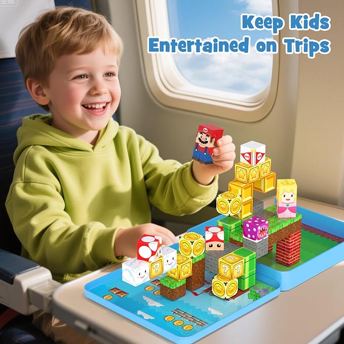 49PCS Mini Magnetic Tiles Travel Toys for Kids Ages 4-8, Magnetic Building Blocks Adventure Set with Portable Iron Storage Box & Play Base, STEM Learning Activities for Toddlers 3-5