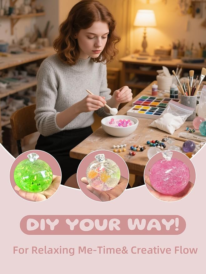 DIY Stress Ball Making Kit-Easy DIY- 10 TPR Skins, 13 Fillers, 14 oz Slime, 7 oz Clay, Create ASMR Anxiety Relief Toys, Handmade Squishy Stress Balls, Self-Care Gifts for Women, Crunchy Relaxing