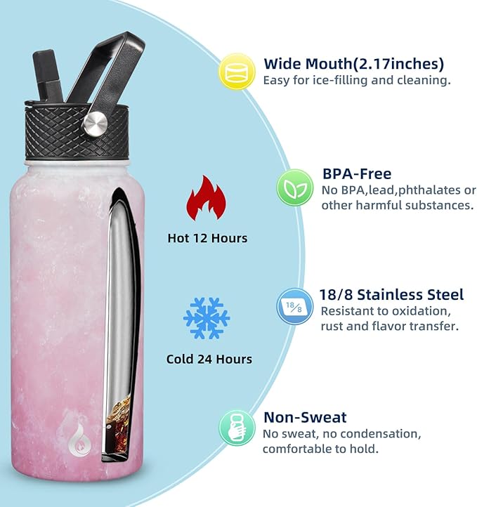BJPKPK Insulated Water Bottles with Straw Lid, 32oz Metal Large Water Bottle with 3 Lids, Reusable Leak Proof BPA Free Thermo, Stainless Steel Tumblers for Sports, Gym, Travel-Blossom