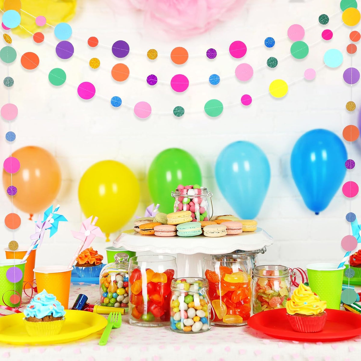 Outus 10 Pieces Colorful Dots Paper Garland Round Glitter Garland Hanging Confetti Streamers Backdrop Decoration for Birthday Classroom Candy Sprinkles Trunk or Treat Party (Rainbow)
