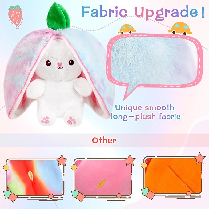 MIAODAM Rainbow Strawberry Bunny Stuffed Animal, Strawberry Bunny Plush Turn Into Rabbit Fruit Doll, Plushie Cute Bunny Toy for Kids (10 inch)