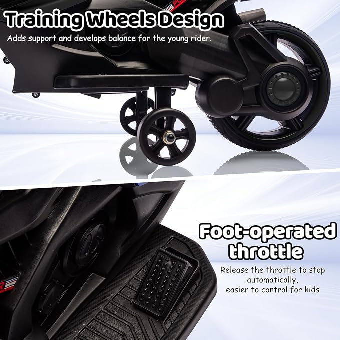 GarveeLife 6V Kids Motorcycle, Electric Ride On Car Toy with Training Wheels, Working Headlight, Horn & Music, Battery Powered Ride On Motorcycle Toy for Toddler Kids Boys Girls Ages 3-5, Black