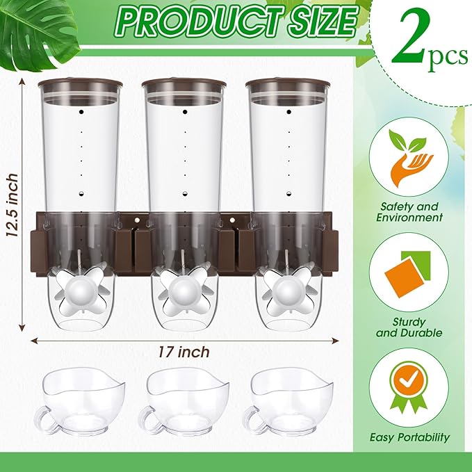Nitial 2 Pieces Cereal Dispenser Wall Mounted 4.5L Triple Candy Machine Grain Dispenser with Cup Triple Dry Food Snack Wall Mount Cereal Storage Container for Kitchen Food Store Coffee Beans Store