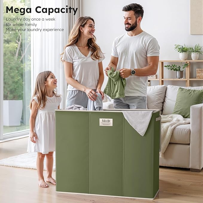 SOLEDI 180L 3-Section Laundry Hamper with Lid, Extra Large Dirty Clothes Basket with Sturdy Handles for Laundry Room & Bedroom - Durable Organizer for Sorting Laundry
