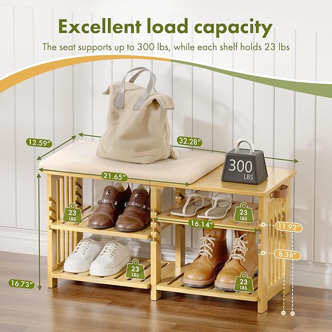 Amazer Bamboo Shoe Rack Bench, 3-Tier Shoe Bench Height Adjustable, Entry Bench with Side Storage Strap, Shoes Organizer Storage Bench, Shoe Shelf with Seat Cushion for Entryway, Living Room, Hallway