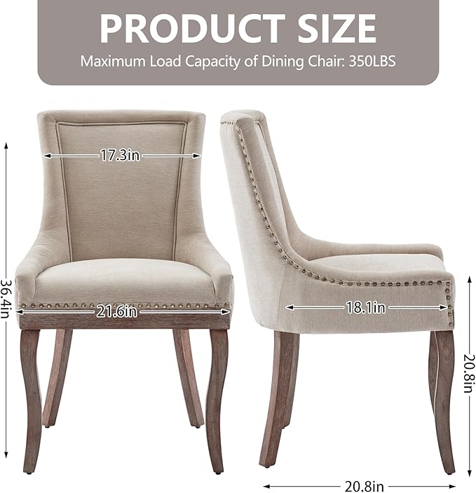 Modern Dining Chairs Set of 2, High Back Dining Chairs Side Chairs with Solid Wood Legs, Upholstered Fabric Dining Room Chairs for Dining Room Kitchen, Beige