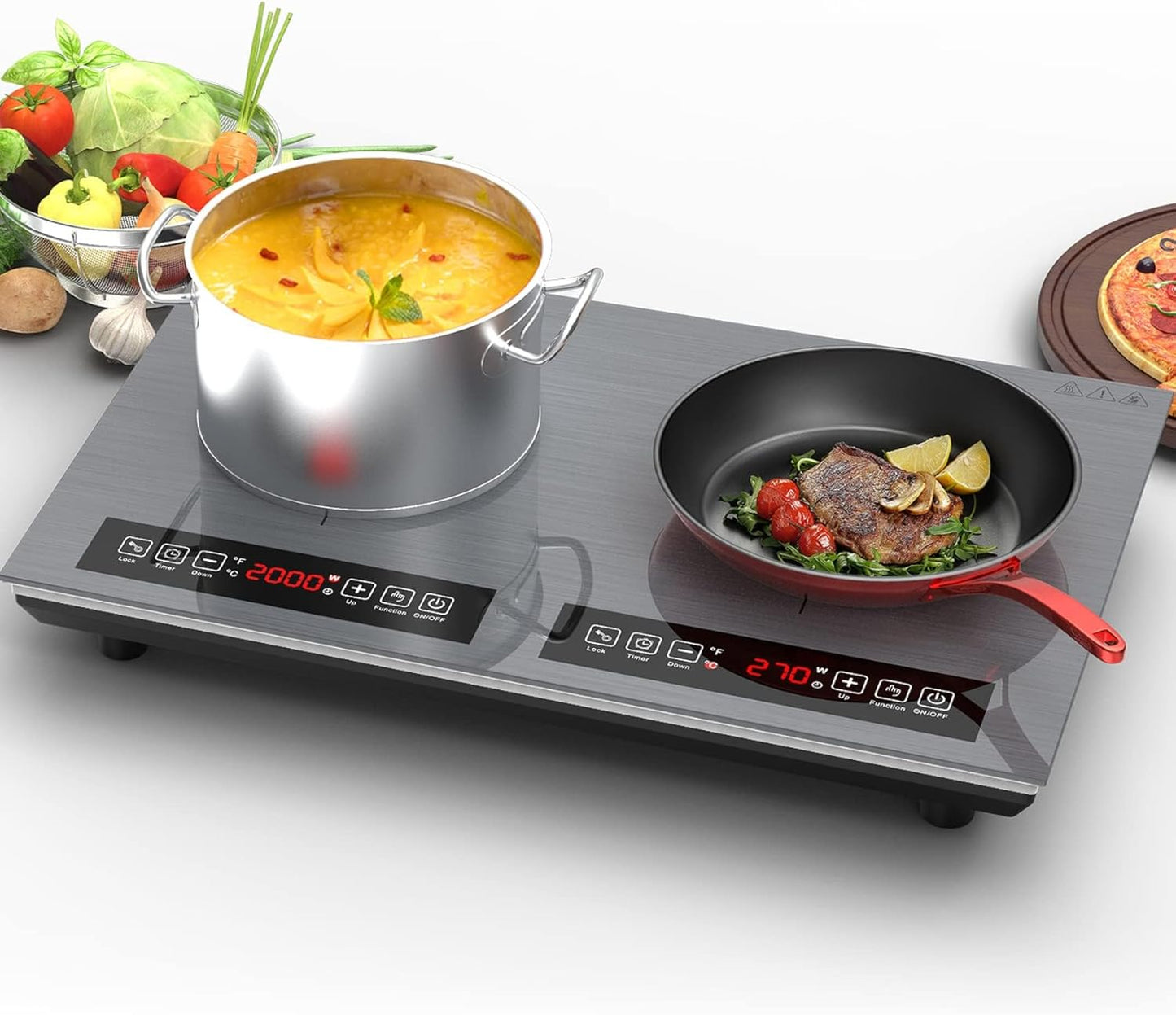 Double Induction Cooktop 110v-120v, 2 Burner Electric Cooktop 24 inch 4000W Induction Stove Top, Hot Plate LED Touch Screen, 9 Temperature, Safety Lock