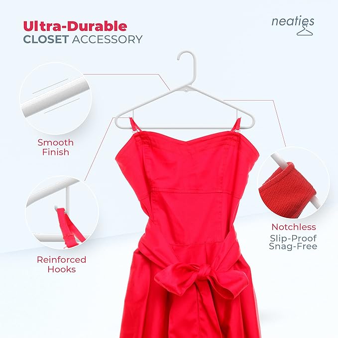 Neaties Plastic Hangers 100 Pack – Made in The USA – 6lb Capacity Standard Clothes Hangers with Strap Hooks for Dresses, Lingerie, Shirts, Pants, and Jackets – White & Pink