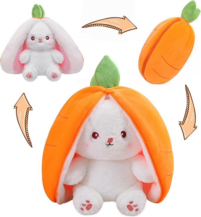 MIAODAM 13.7 inch Easter Bunny Stuffed Animal, Kawaii Squishy Cute Easter Bunny Plush Turn Into Rabbit Fruit Doll Carrot Strawberry Pillow, Plushies Funny Bunny Toy for Baby