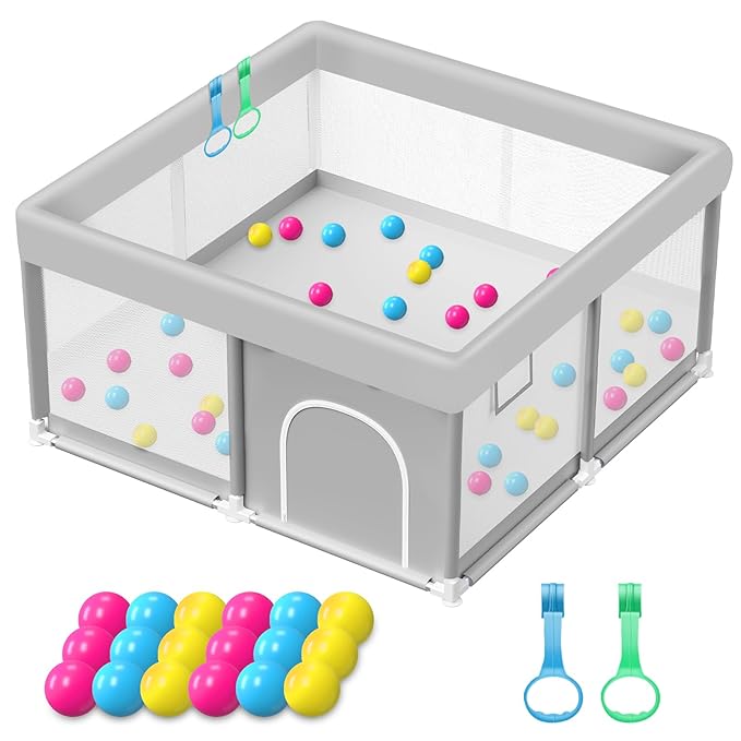 Baby Playpen with Balls and Pull Rings, 50x50 Inch Playpen for Babies and Toddlers Baby Playpen Fence Playard Activity Center, Without MAT Included