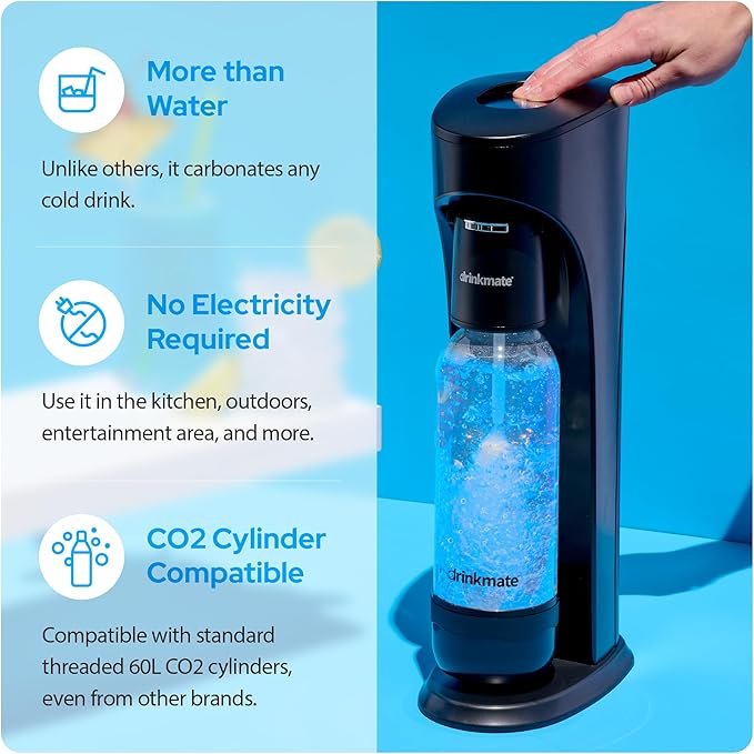 Drinkmate OmniFizz Sparkling Water Maker & Soda Streaming Machine | Carbonates Any Drink | SPECIAL BUNDLE | Includes 60L CO2 Cartridge + Two BPA-Free Bottles (Matte Black)