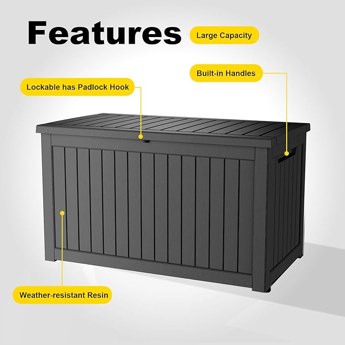 280 Gallon Waterproof Outdoor Storage Box, UV Resistant Resin Deck Box with Hydraulic Rod for Reinforced Stability, Perfect for Patio, Garden, and Pool（Black，280 Gallon）