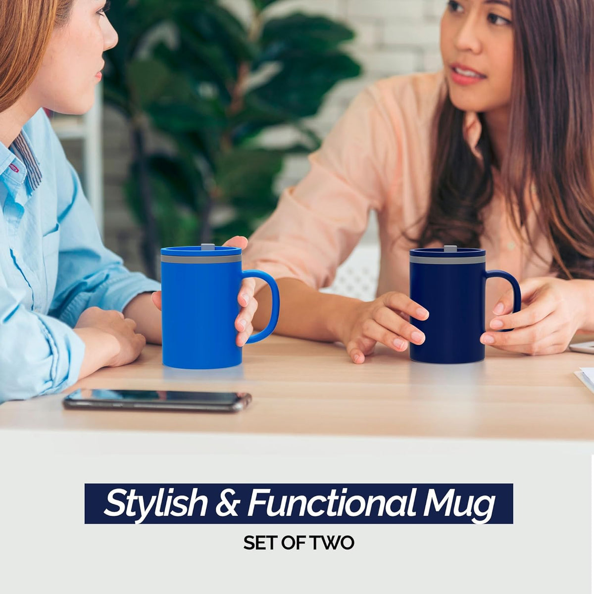 Copco Iconic 16oz Double Wall Insulated Desk Mug with Lid and Handle, Set of 2, BPA-Free Reusable Plastic, Spill-Proof, Microwave & Dishwasher Safe, Wide Mouth, Cup Holder Friendly (Navy/Blue)
