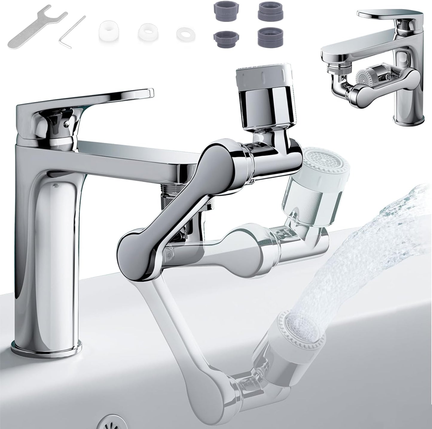 Swivel Sink Faucet Extender with 3 Axis Rotation, Butalso 3 Way Foldable Splash Filter Faucet Aerator, Kitchen/Bathroom Sink Adapter Sprayer Attachment for Gargle, Eyewash and Rinse