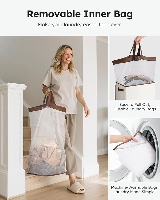 SOLEDI Clothes Hamper with Lid - 100L XL - Large Laundry Basket with Removable Bag, Collapsible Laundry Baskets, Convenient Storage - Hampers for Laundry for Bedroom, Bathroom, Closet, Dorm, Off-White