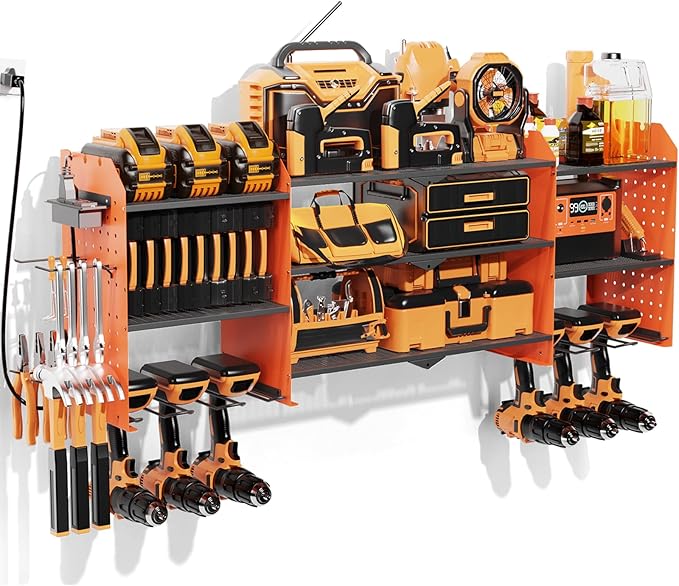 Power Tool Organizer Wall Mount, Expanded Width Garage Storage 3 Layer Heavy Duty Power Tool Storage Rack, 45.5" Battery Tools Holder with Charging Station Shelf