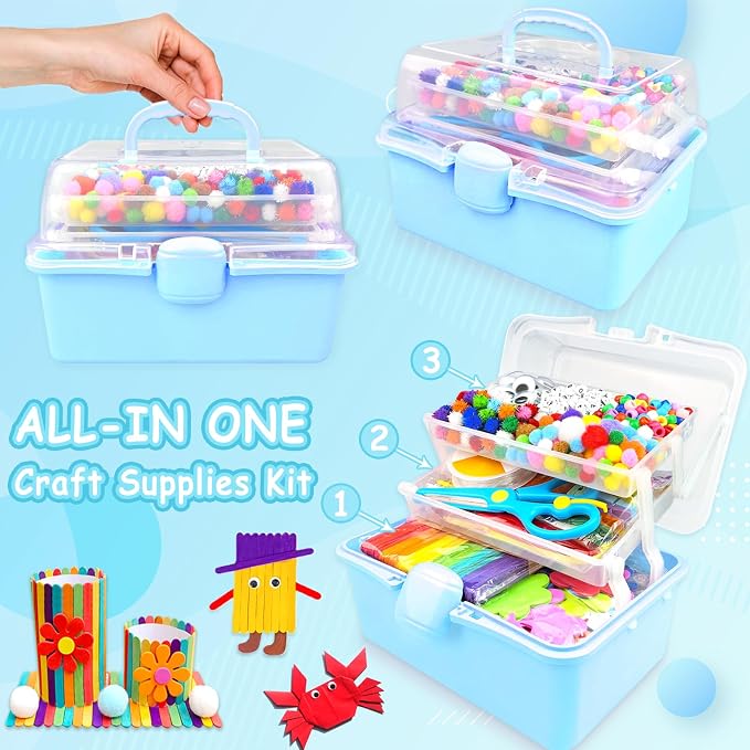 3000 Arts and Crafts Supplies for Kids Craft Kit Craft Box with Pipe Cleaners Arts and Crafts for Kids Age 4-6, 6-8, 8-12 DIY School Supplies Materials Set Toys Gifts for Girls Boys Toddlers, Blue