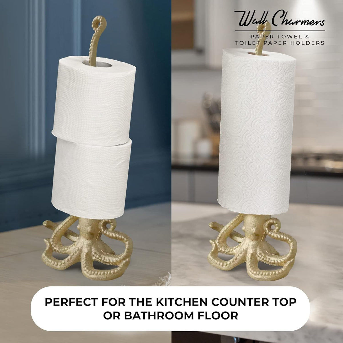 WallCharmers Gold Paper Towel Holder, Metal Toilet or Kitchen Paper Holder for Floor or Countertop, Gold Octopus