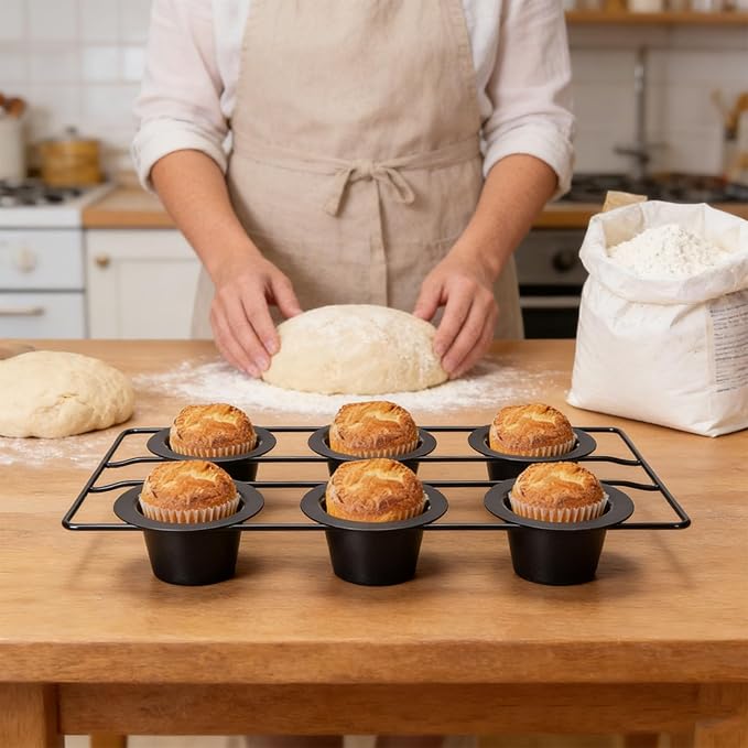 FOSA 6 Cup Popover Pan, Deep Non Stick Carbon Steel Bakeware with Even Heating for Baking Popovers Muffins Puddings and Easy Cleanup