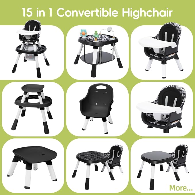15 in 1 Convertiable High Chair for Babies and Toddlers, 2 in 1 Highchair & Activity Center w/Toys, Booster Seat, Toddler Chair w/5-Point Harness & Removable Tray & 2-Layer Cusion (Black)