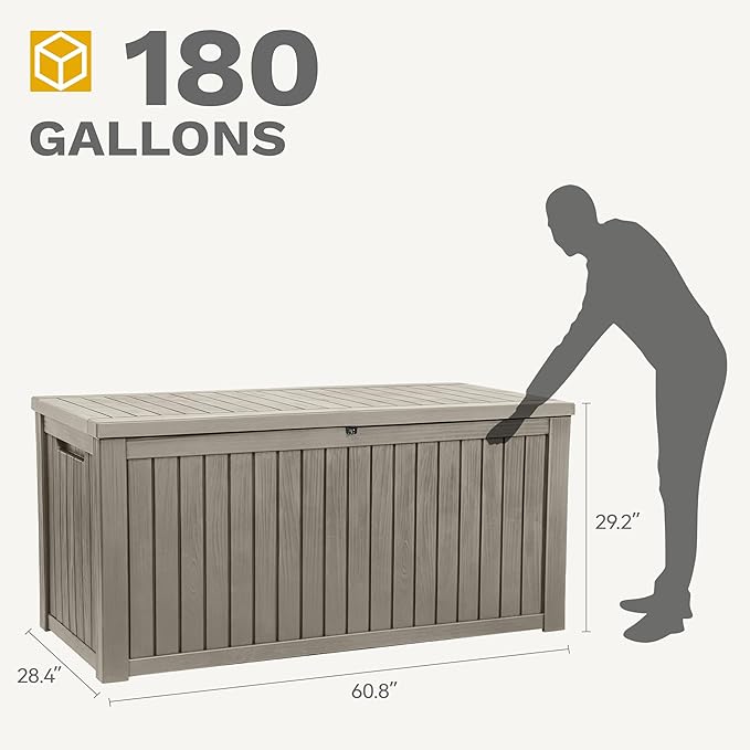 DWVO 180 Gallon Extra-Large Patio Deck Box, Waterproof Resin Outdoor Storage Box with Removable Divider for Patio, Garden, Pool, Furniture and Tools, Light Brown