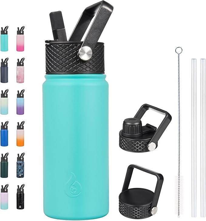 BJPKPK Insulated Water Bottles with Straw Lid, 18oz Stainless Steel Metal Water Bottle, Cold Hot Thermo with 3 Lids, Leak Proof BPA Free Travel Cup, Wide Mouth Flasks, Thermo-Turquoise