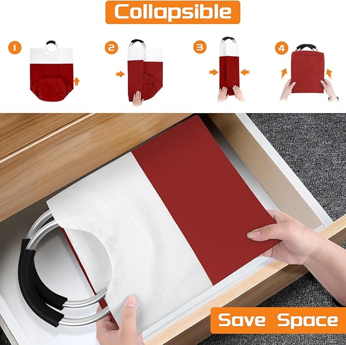 BlissTotes 115L Laundry Basket, Freestanding Laundry Hamper, Collapsible Dirty Clothes Hamper, Waterproof Fabric with Foam Protected Aluminum Handles for College, Dorm, Family (Red)