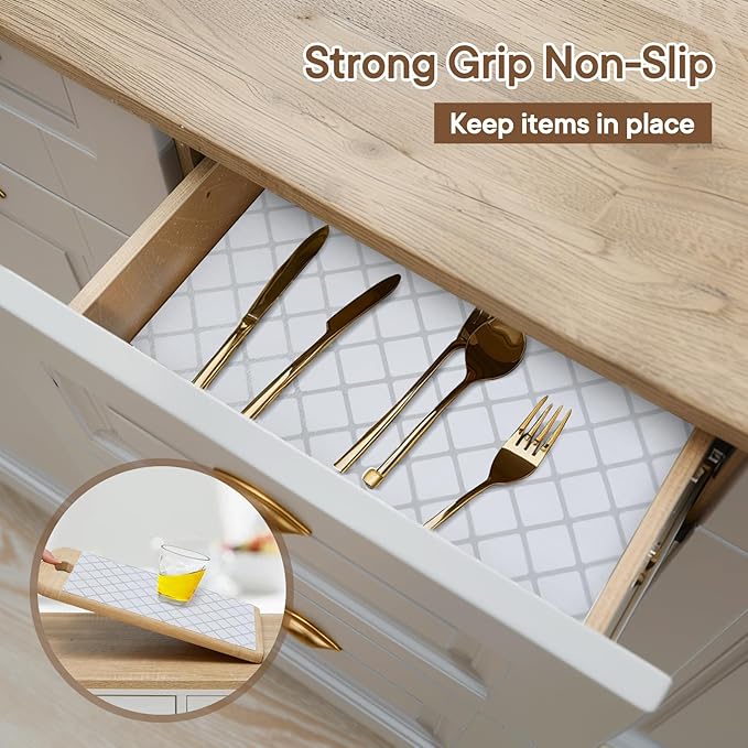 Shelf and Drawer Liner for Kitchen Cabinets Non-Adhesive, Strong Grip Non-Slip Thickened Cabinet Liners for Shelves, Waterproof Mats for Dresser Cupboard, Silver Stripe, 12 in x 30 Feet