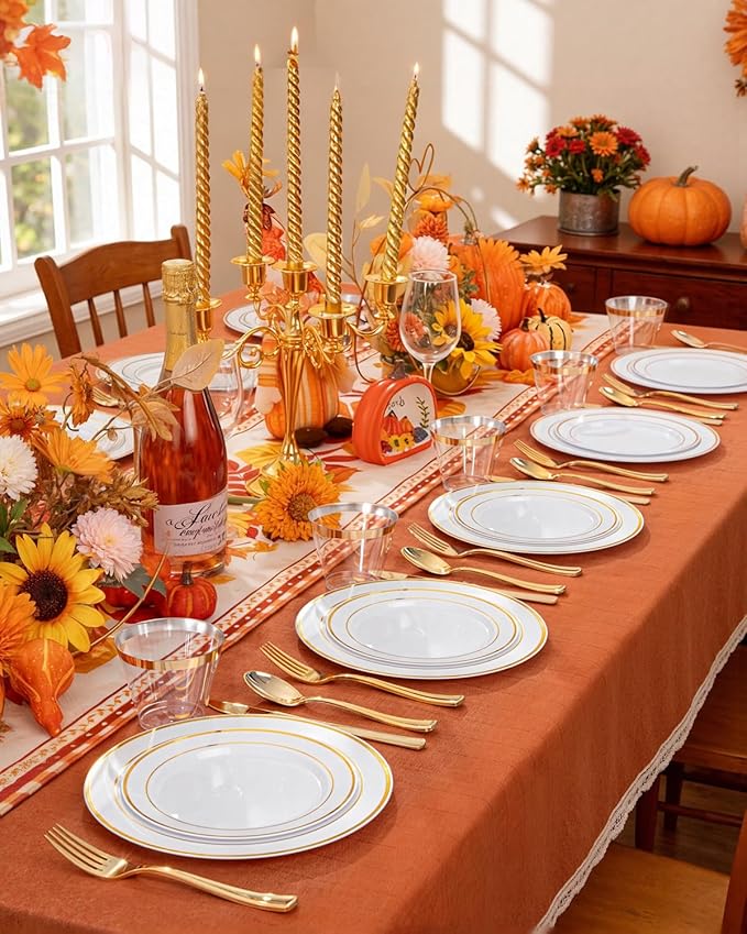 bUCLA 300PCS Gold Disposable Dinnerware Set - White and Gold Plastic Plates - Include 50 Each (Dinner&Dessert) Plates,50 Knives,50 Forks,50 Spoons,50 Cups for Party & Thanksgiving Table Decor