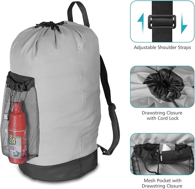 Dalykate Backpack Laundry Bag, Laundry Backpack with Shoulder Straps and Mesh Pocket Durable Nylon Clothes Hamper Bag with Drawstring Closure for College, Travel, Laundromat, Apartment