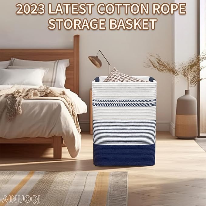 Large Laundry Basket - Tall Woven Rope Laundry Hamper with Leather Handles - Dirty Clothes hamper for Living room, Bedroom, 17.8" X 13.8" X 22", Dark Blue & White