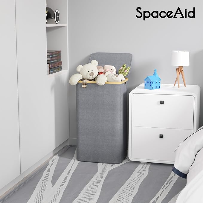 SpaceAid Laundry Hamper with Lid, 110L Large Tall Clothes Basket Bin with Bamboo Handles, Collapsible Laundry Hamper for Bedroom, Bathroom, Dorm, Laundry Room - Grey