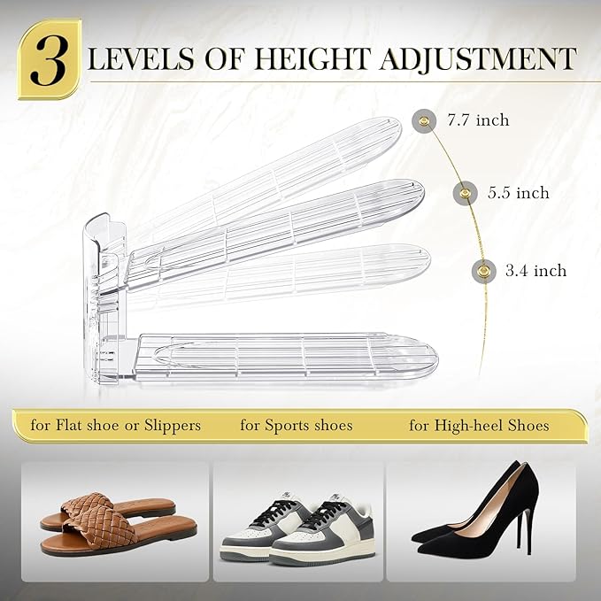 Shoe Slots Organizer 12 Pack - Shoe Stacker,3 Levels Adjustable,Space Savers 50%,Double Layer Holders for Closet (Transparent),Organizador de Zapatos