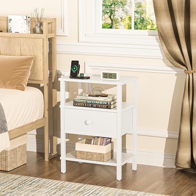 Lerliuo Nightstand Set of 2 with Charging Station and USB Ports, 3-Tier Storage End Table with Drawer Shelf, Night Stand for Small Spaces, Wood Bedside Table for Living Room, Bedroom - Elegant White