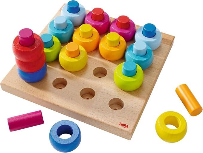 HABA Rainbow Whirls Wooden Sorting & Stacking Rings Shape Sorter, Educational Toys for 2 Year Old & Up, Color Sorting Fine Motor Toys, Made in Germany